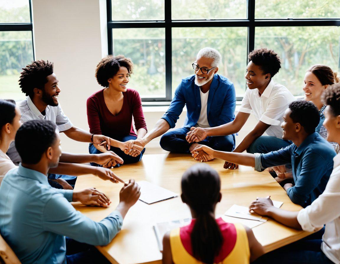 A diverse group of people engaged in a lively discussion while collaborating on a community project in a bright, open space. The scene should depict various age groups and ethnicities, showcasing the essence of unity and connection. Include elements like connection symbols (like heart or handshake icons) subtly integrated into the background to emphasize community building. The atmosphere should feel warm and inviting, with natural light streaming in from large windows. vibrant colors. super-realistic.