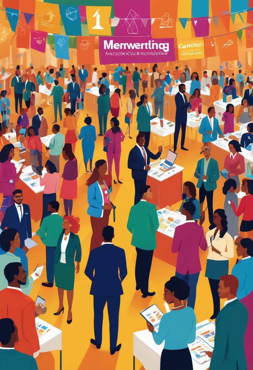 An artistic representation of diverse professionals engaging in networking at a vibrant career fair, surrounded by symbols of membership perks, like discounts and exclusive events. The background features colorful banners promoting growth and opportunity, with a bright and optimistic atmosphere encouraging connections. Include various age groups and ethnicities to emphasize inclusivity. vibrant colors. dynamic composition. digital painting.