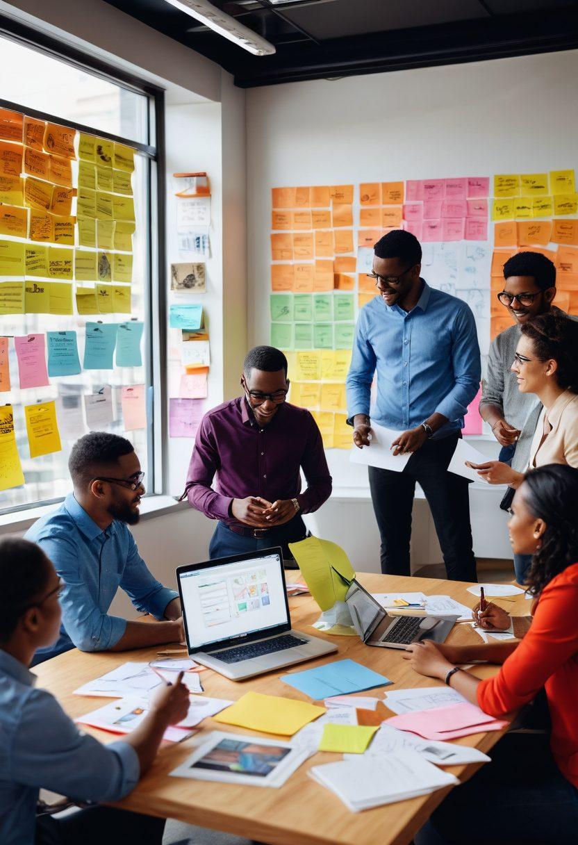A vibrant and interactive scene depicting a diverse group of people engaged in a dynamic workshop, exchanging ideas enthusiastically. Include visual elements like colorful post-it notes, laptops, and a whiteboard filled with rich illustrations of community building concepts. The environment should exude energy and collaboration, showcasing a modern office setting with bright daylight pouring in. super-realistic. vibrant colors. 3D.